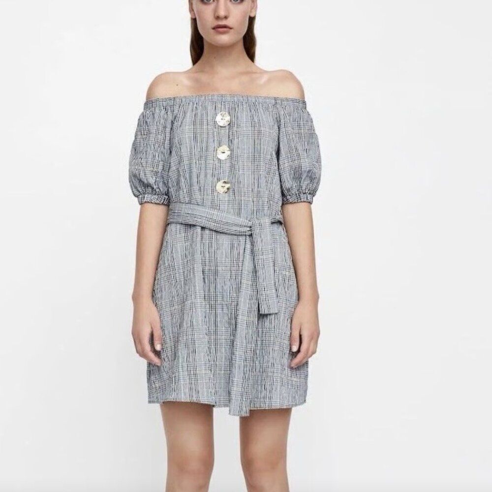Zara Plaid Off Shoulder Button Belted Mini Dress Size Small